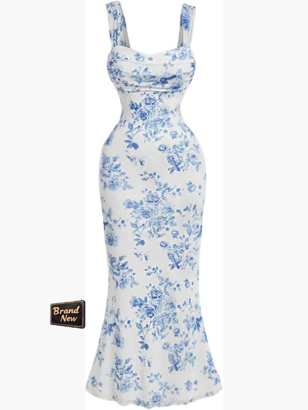 Floral Ruched Mermaid Midi Dress - Sleeveless Square Neck